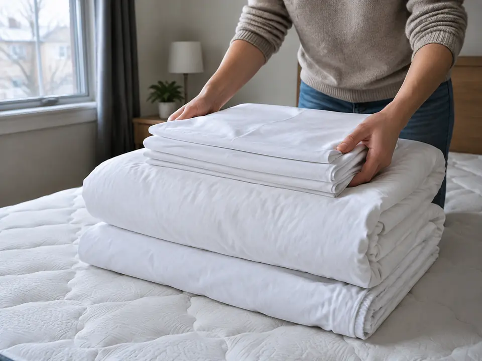 Fresh pillowcases stacked for a guest turnover.