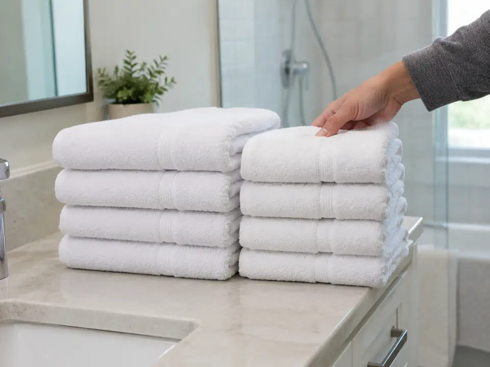 Folded towels packed for a short-term rental turnover.