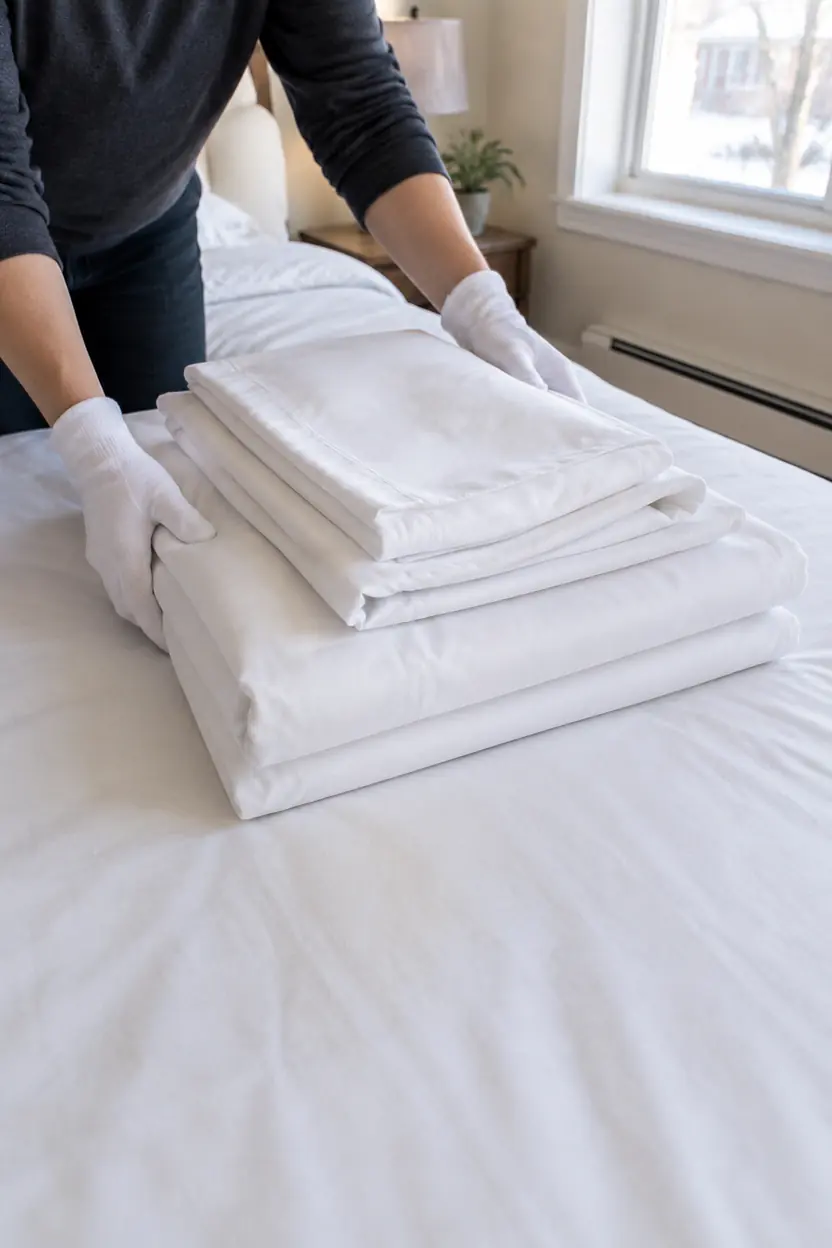 Gloved hands stacking fresh folded linens on a bed during a short-term rental turnover