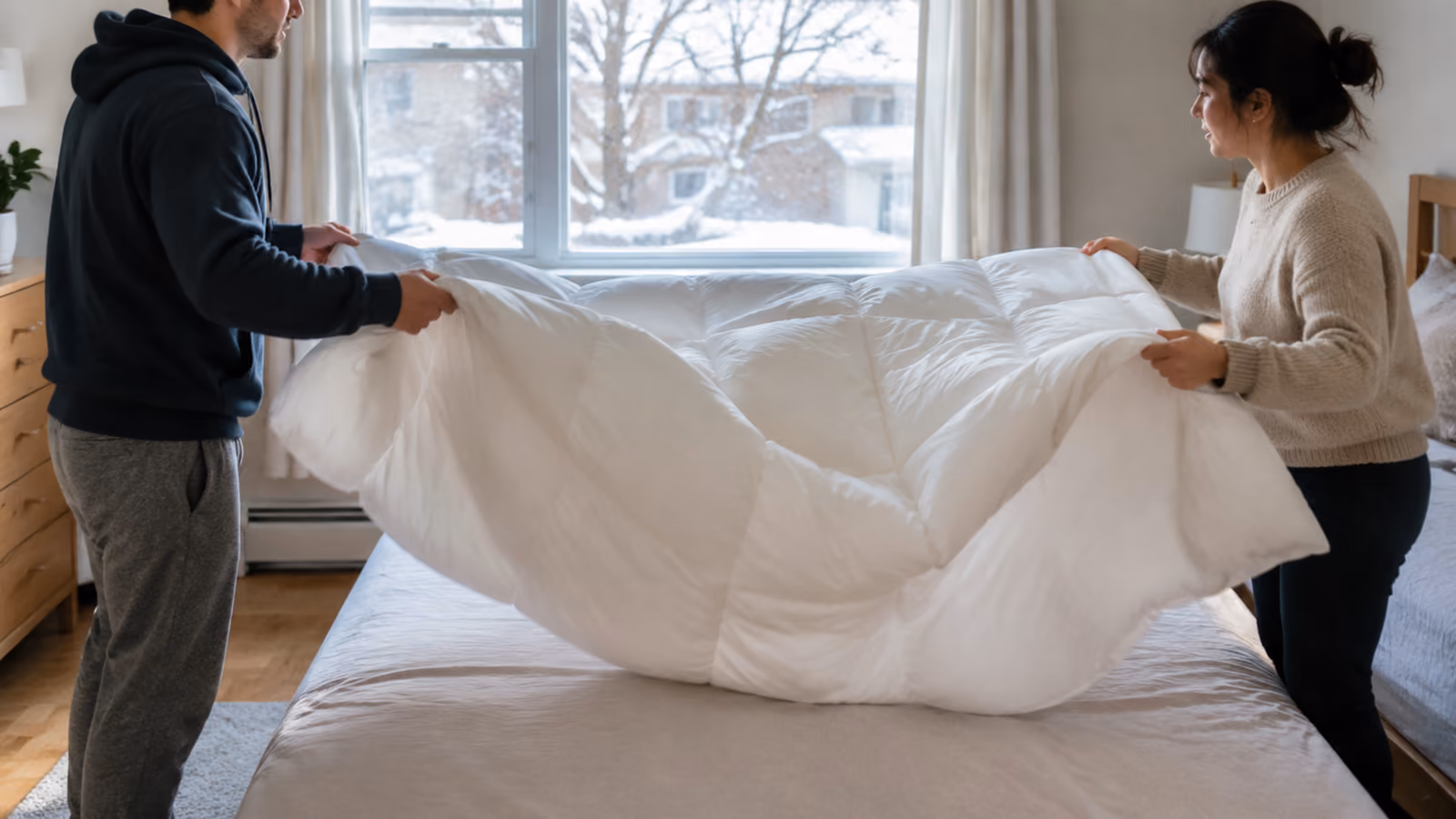 A clean white comforter on a bed in morning light illustrating proper cleaning frequency