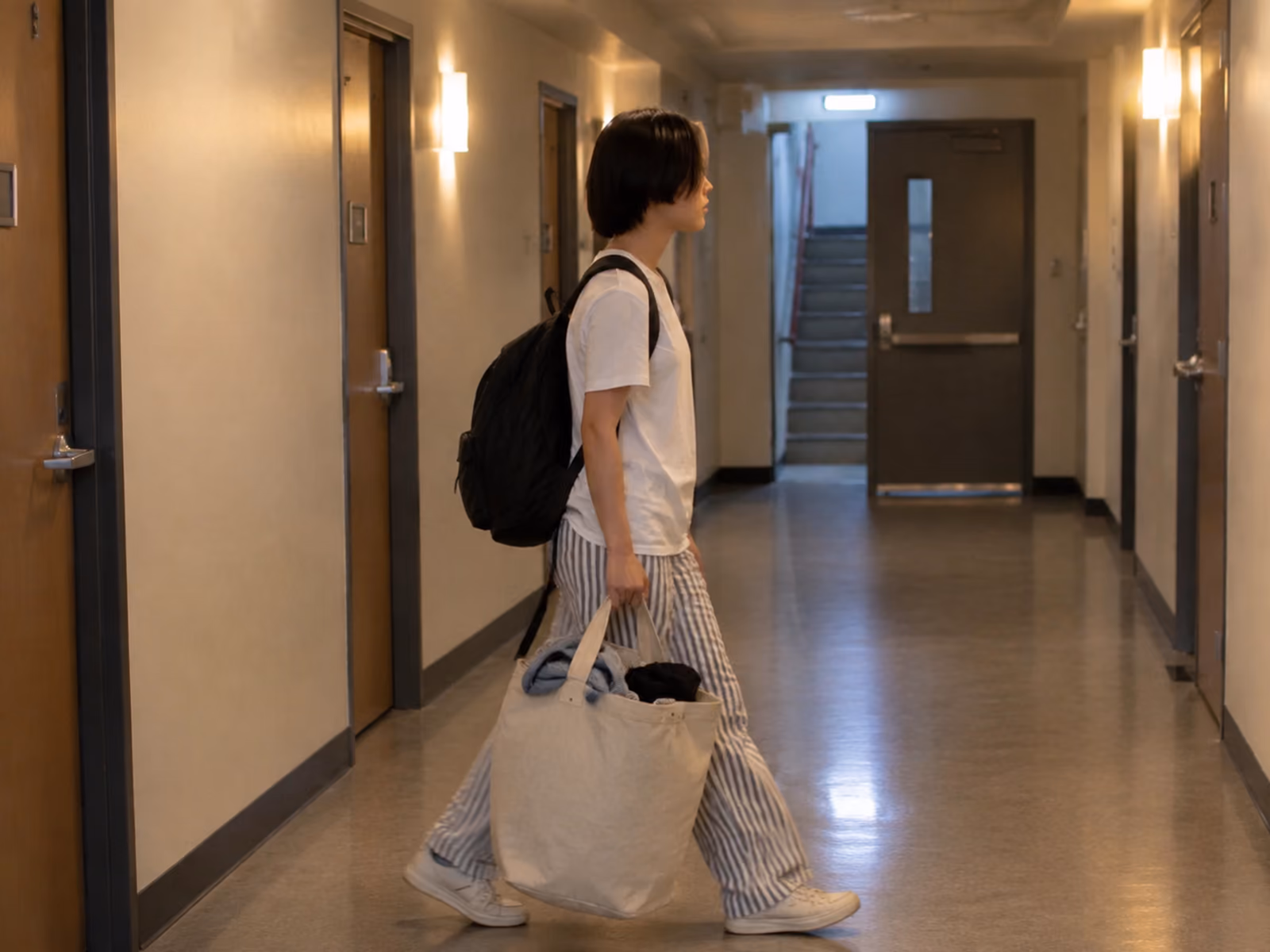 An Ottawa student carrying a laundry tote down a residence hallway in the evening