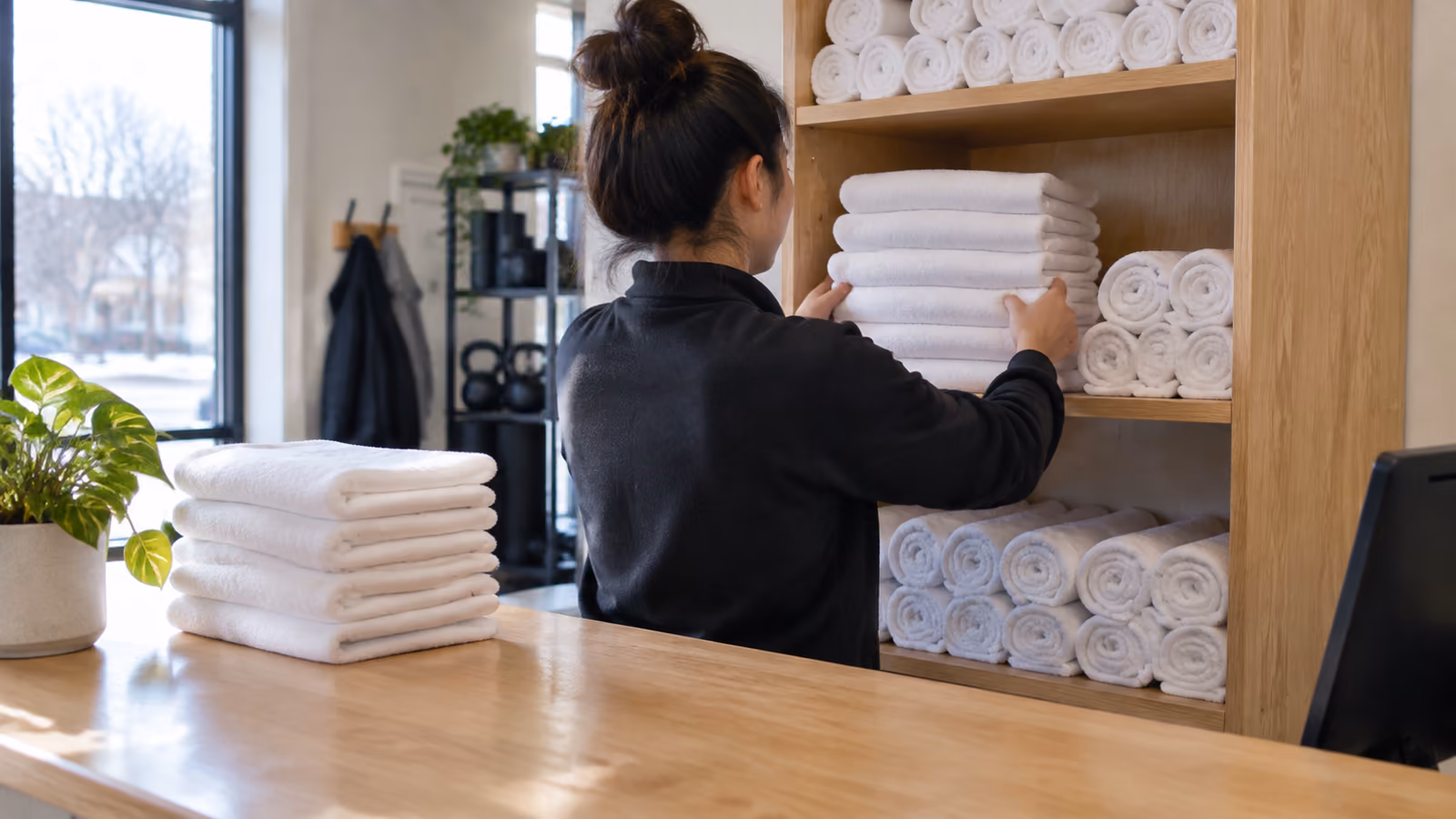 A large stack of clean white commercial towels ready for an Ottawa gym or salon
