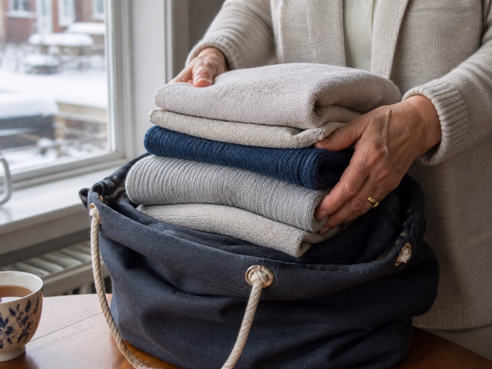 Warm hands folding a towel in a bright Ottawa home representing laundry service for seniors