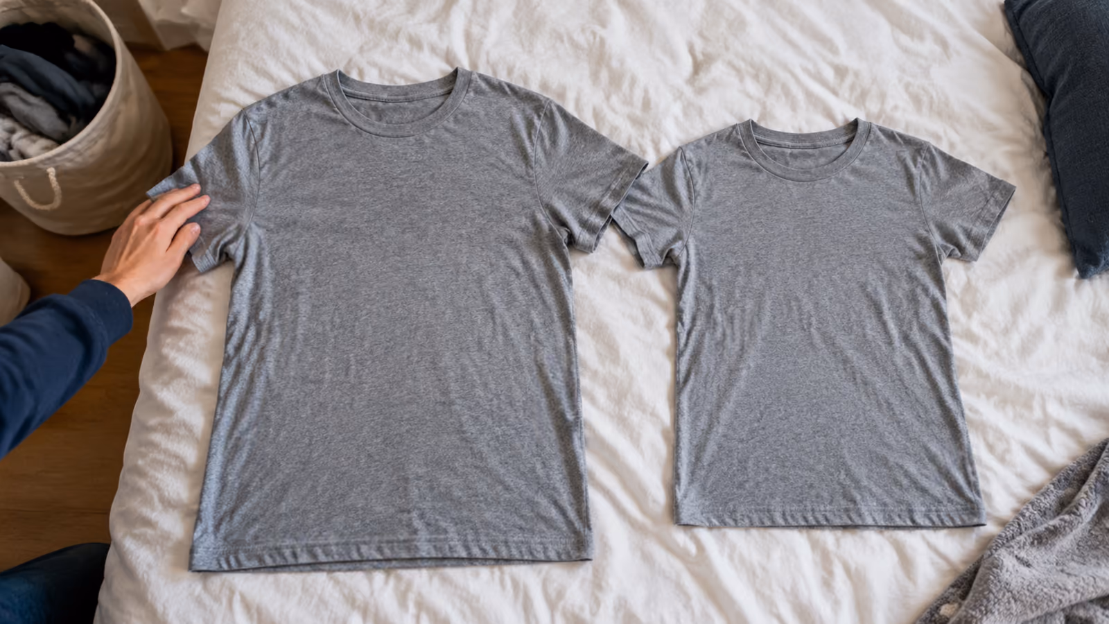 Hands carefully folding a cotton t-shirt on a bed to protect its fit and avoid shrinkage