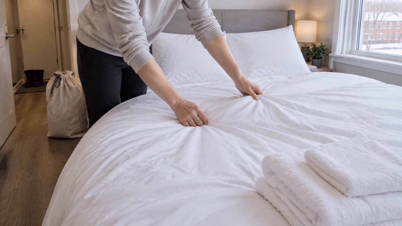 A guest-ready Airbnb bedroom with crisp white linens freshly laundered