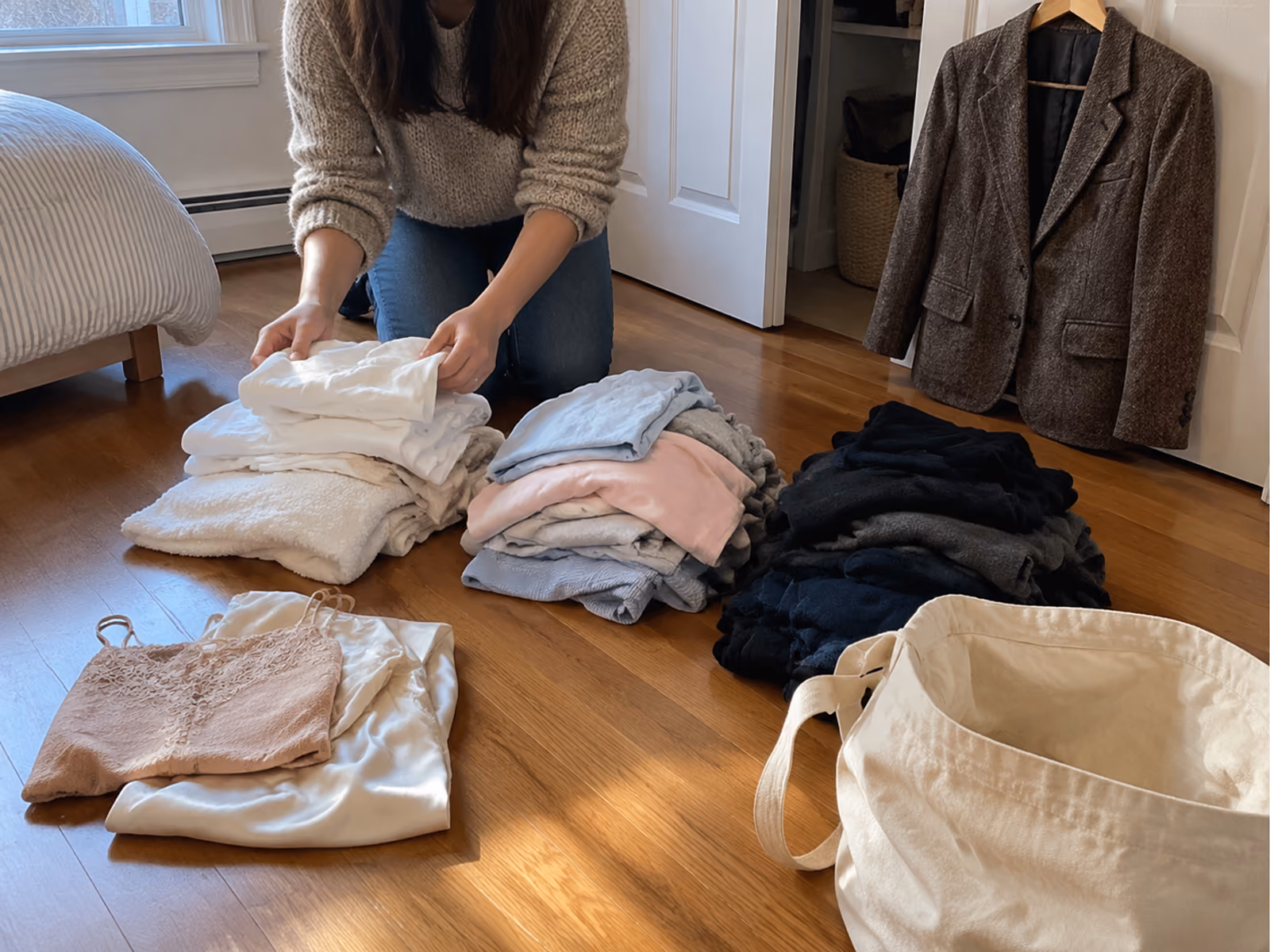 Three sorted laundry piles by color on a bedroom floor before pickup