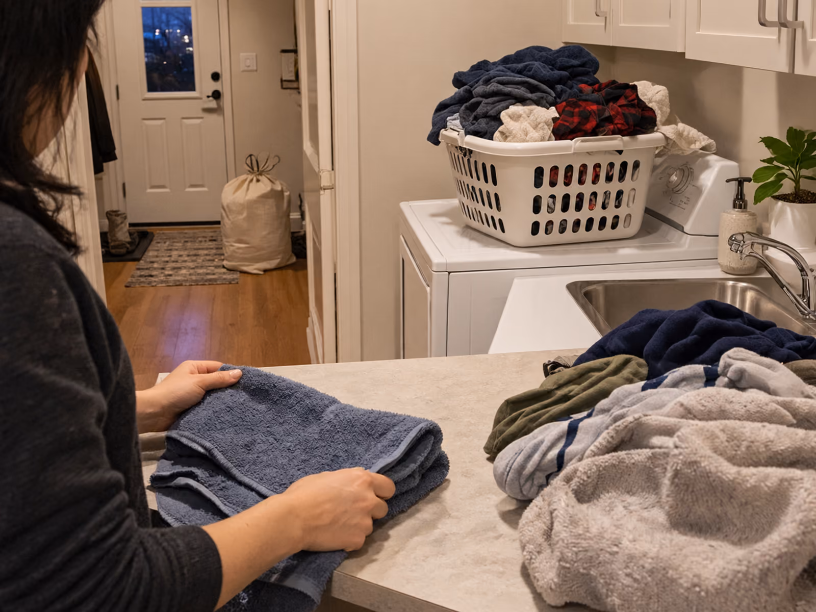 A modern home laundry room with an overflowing basket weighing the time cost of wash and fold versus DIY