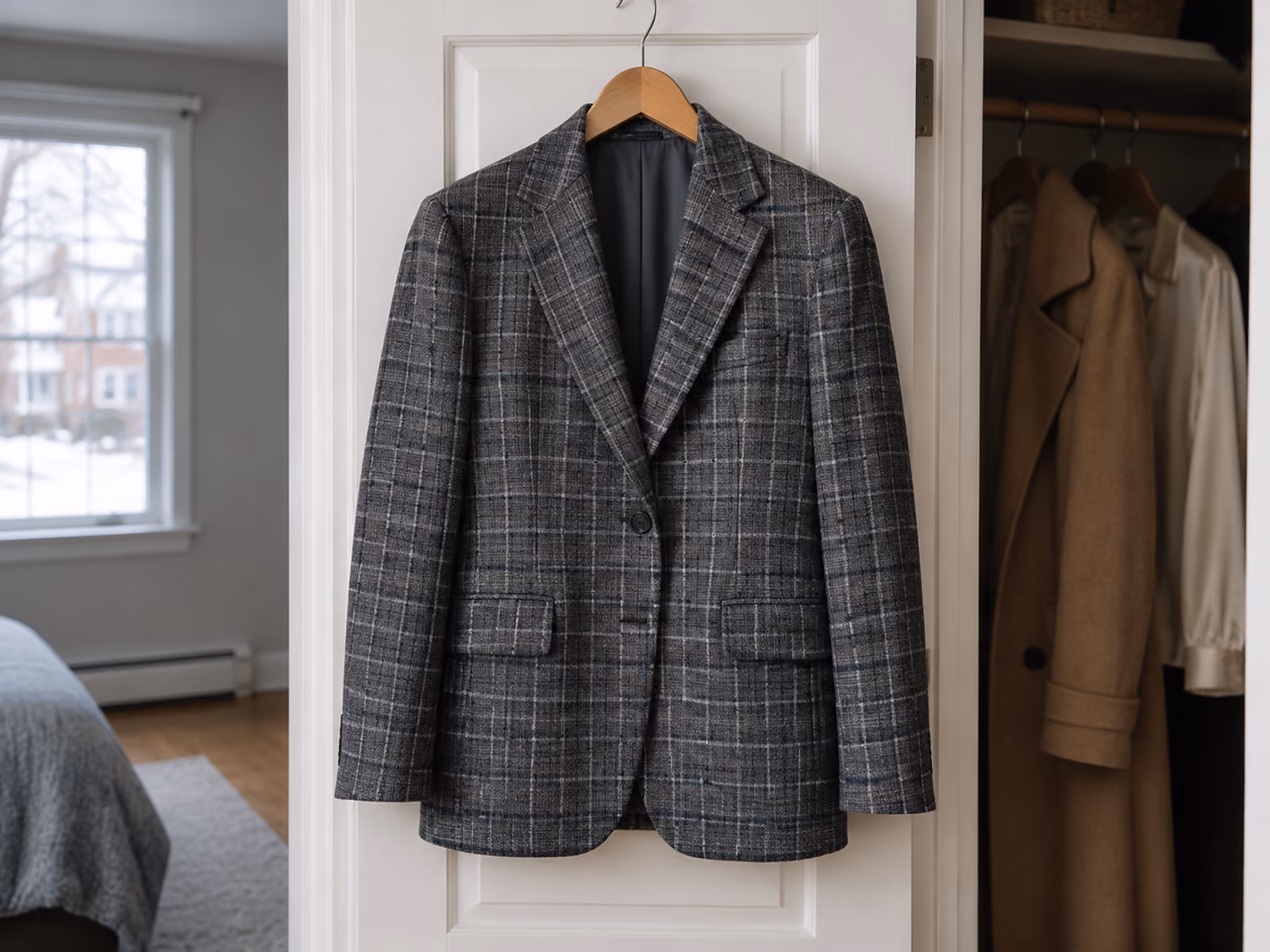A freshly pressed suit jacket on a hanger after professional dry cleaning pickup