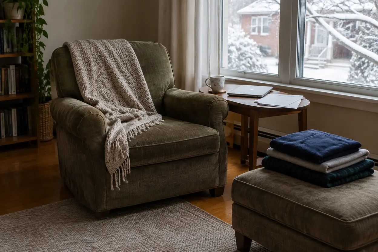 A quiet reading corner with printed notes and a laptop