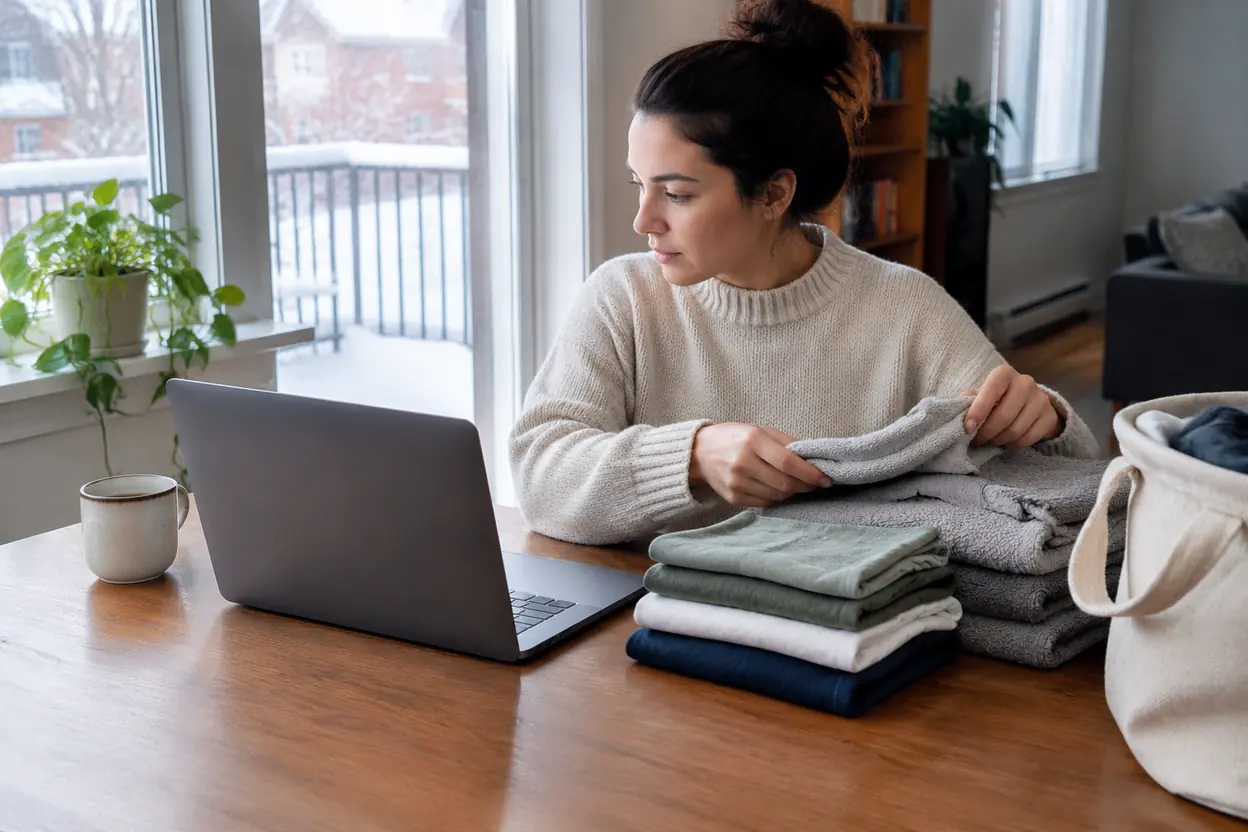 A person folding laundry beside a laptop at a table