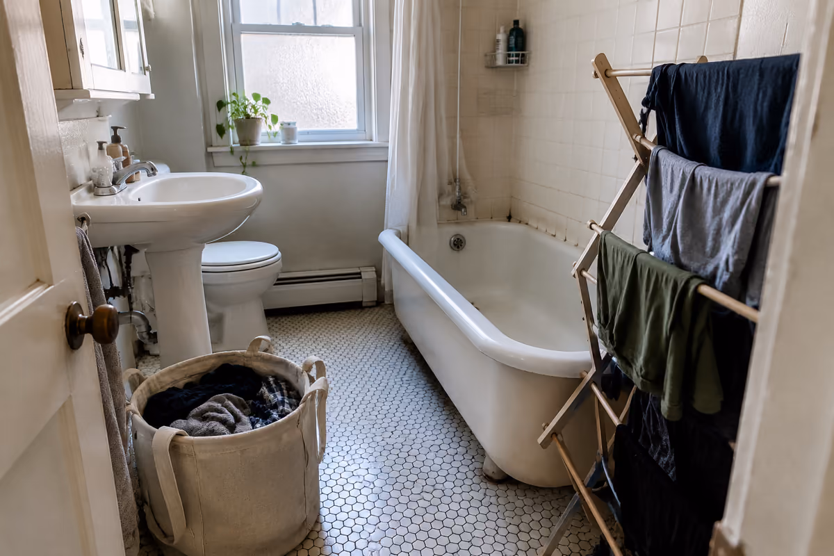 Elegant bathroom interior with marble walls, a pedestal sink, and a washer-dryer unit