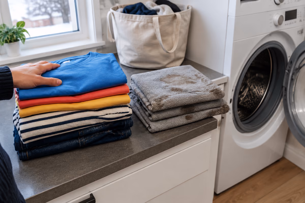Close-up of a person adjusting a washing machine dial in a modern laundry room