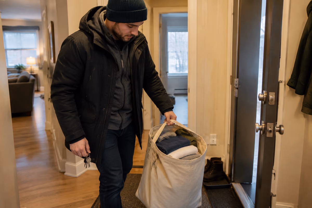 A person holding a basket of fresh, clean laundry