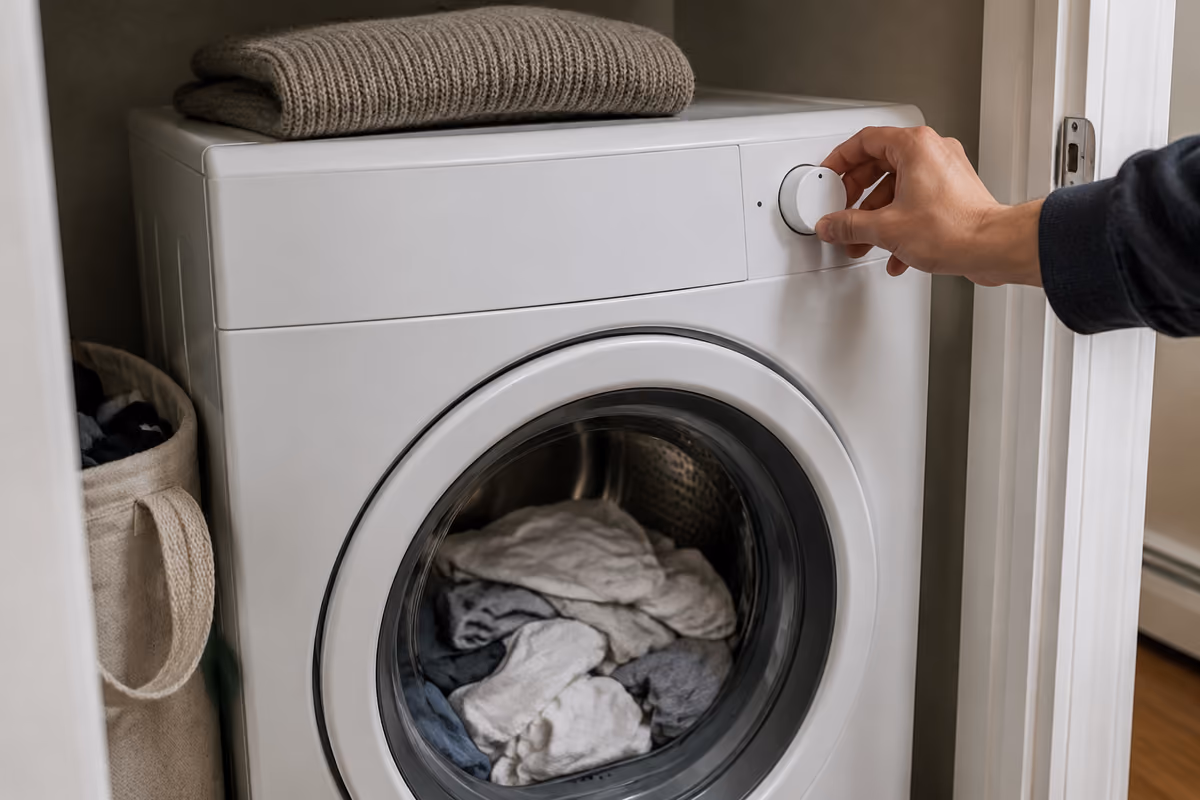 Close-up of a person folding crewneck T-shirts neatly on a bed
