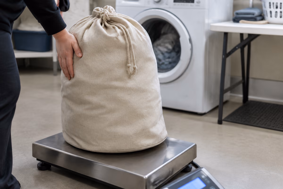 A person carrying a laundry bag through a commercial laundry facility