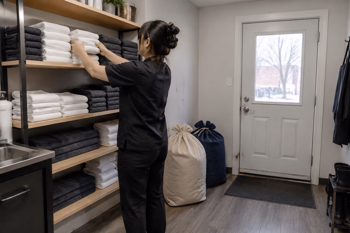 A housekeeper folding clean white towels on a bed in a hotel room
