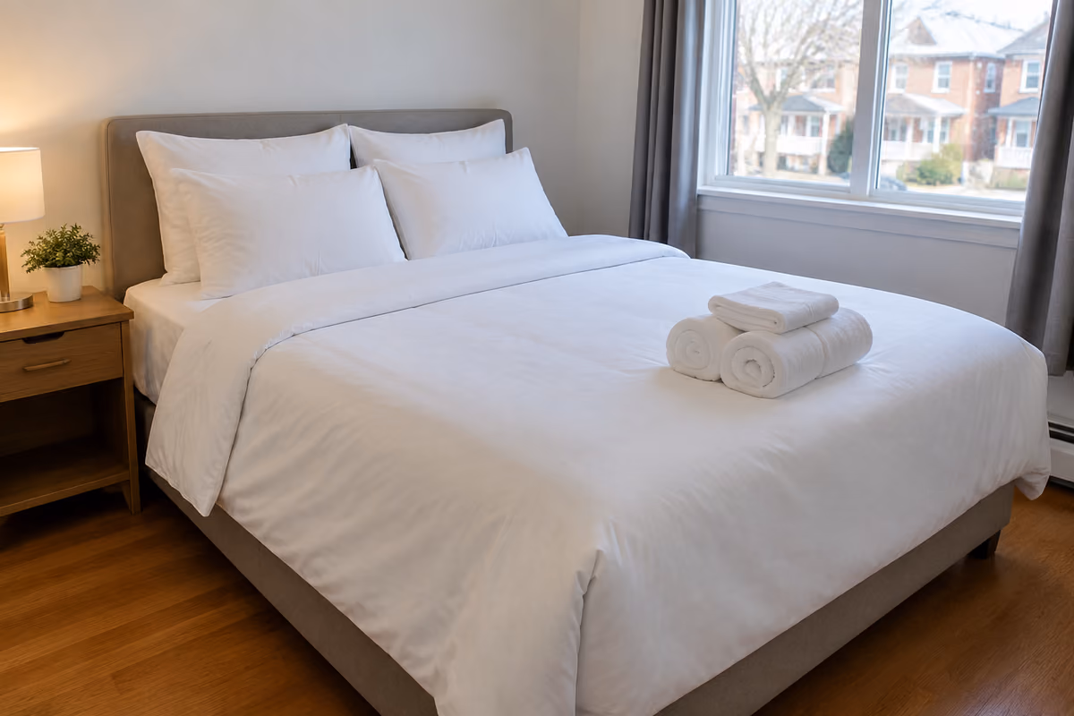 A serene bedroom with soft linen and pillows bathed in ambient natural light