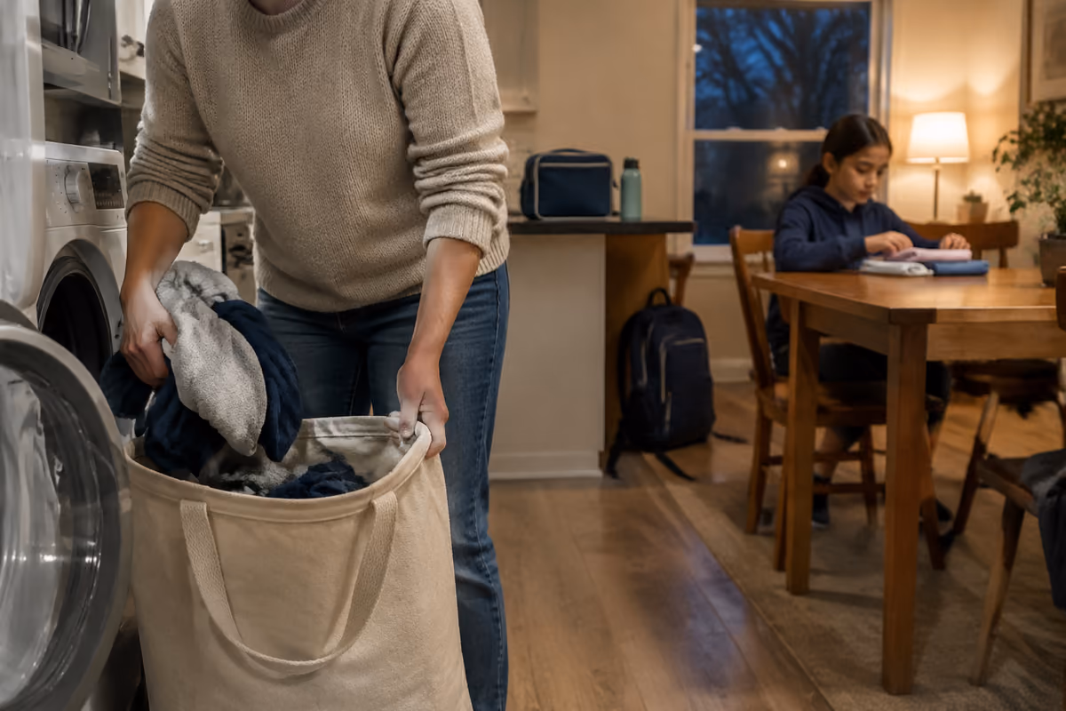 A child in a denim jacket helping with laundry chores indoors with a parent