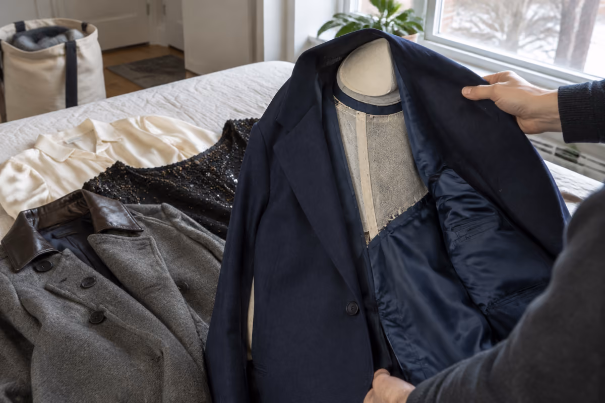 Contrasting black and white suit jackets hanging on a wall