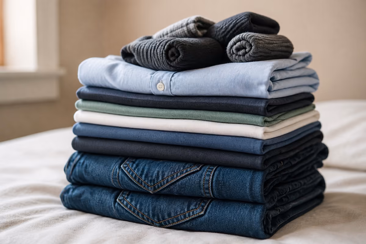 A neatly folded stack of clean clothing with crisp edges