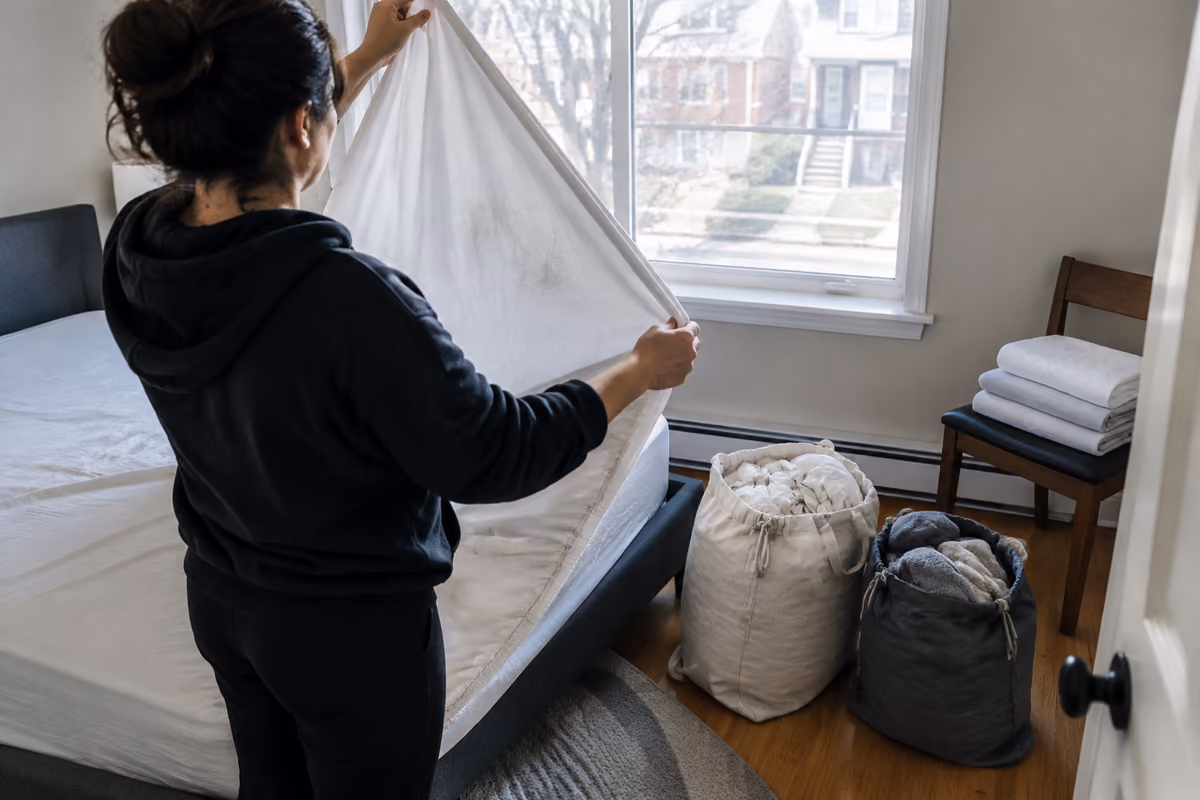 Woman adjusting pillows on a neatly made bed in a bright, modern bedroom