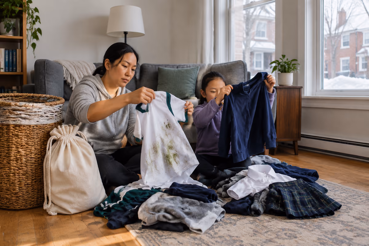 A mother and daughter sorting clothes together in a sunlit living room