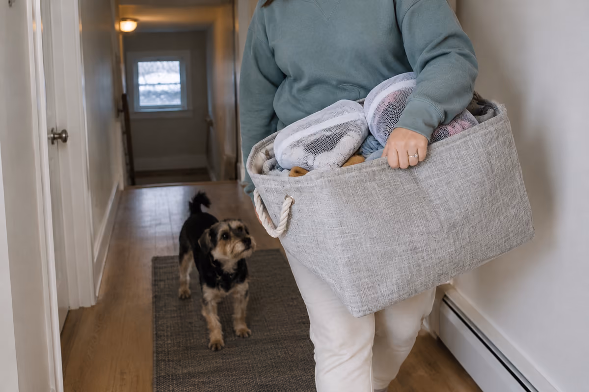 A person holding a bag of clothes in a light room with a dog during a laundry routine