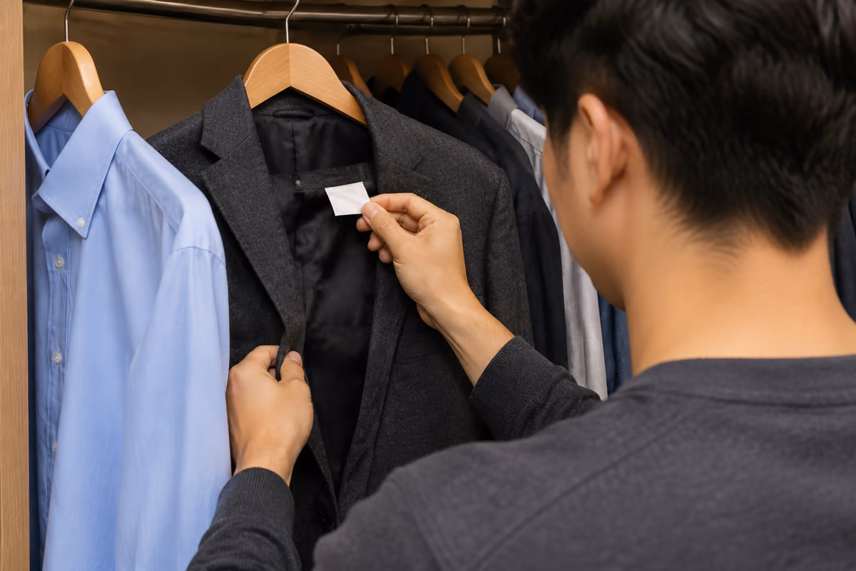 A men's wardrobe with a formal suit and pink dress shirt neatly hung on hangers