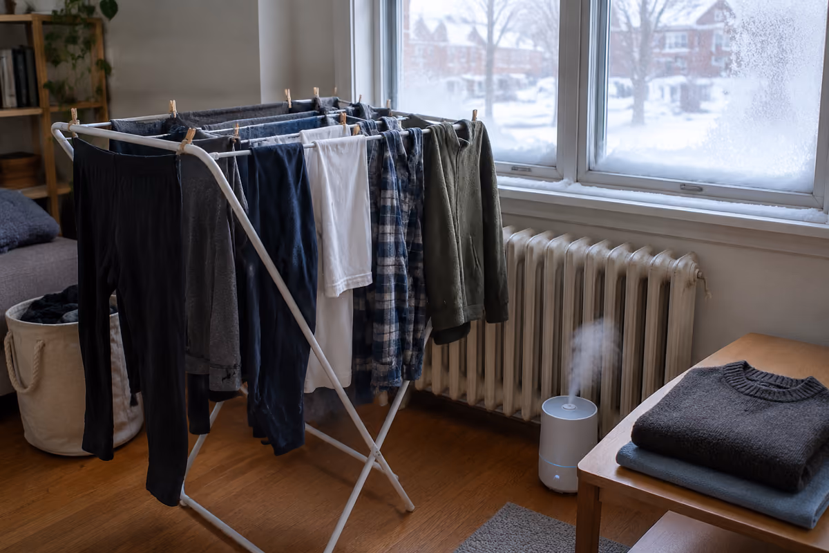 Clothes drying neatly on an indoor drying rack
