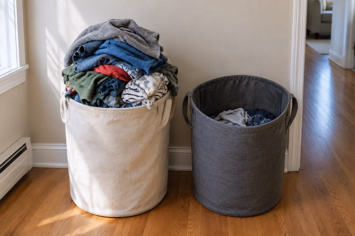 A minimalist open wardrobe with modern clothing, hangers, and storage baskets