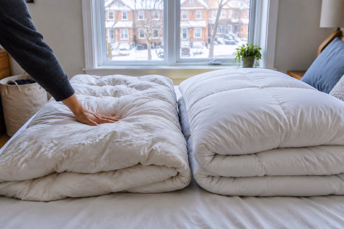 A bed with white pillows and a crumpled duvet in soft light