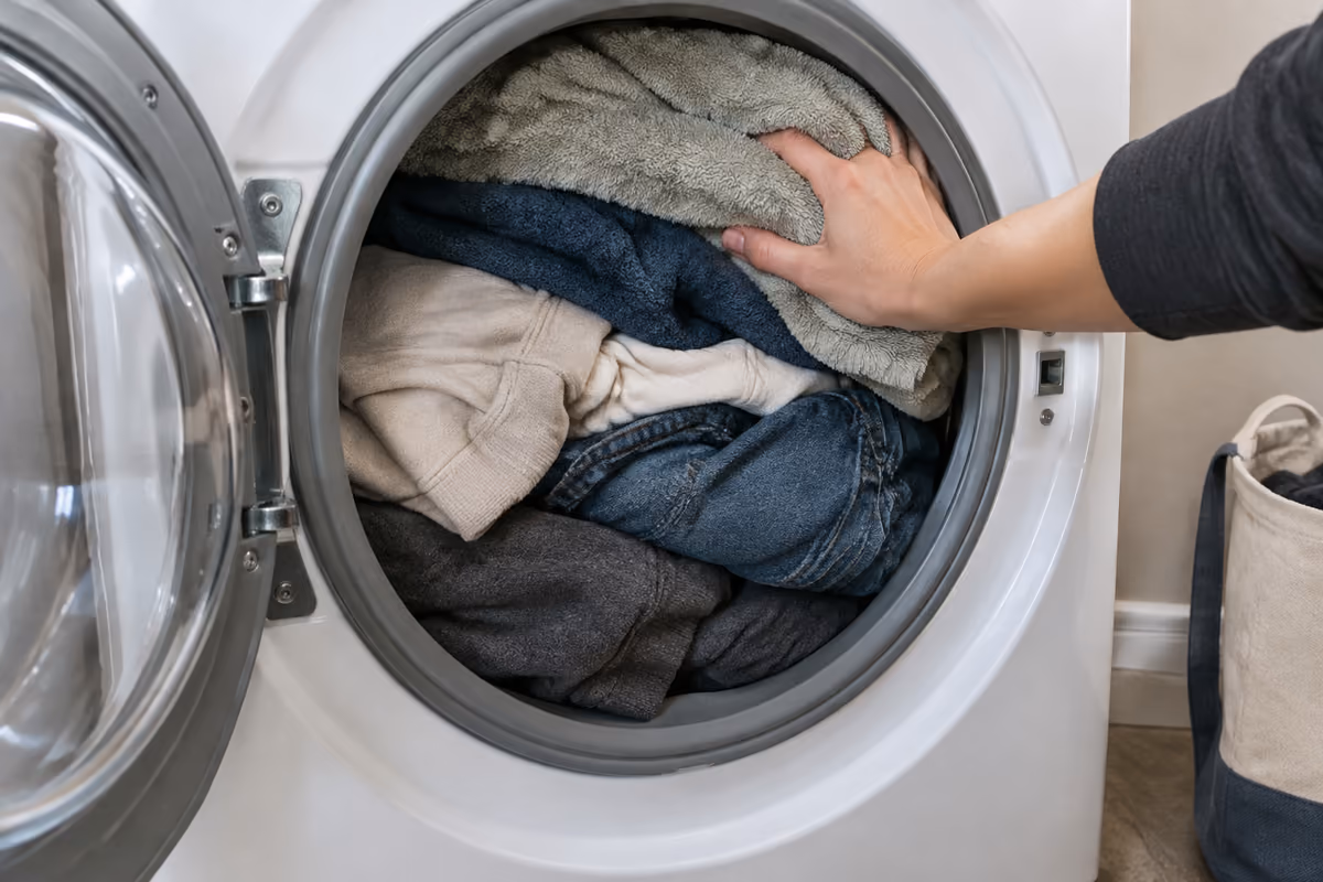 A well-organized laundry space with a washing machine, dryer, and white cabinets