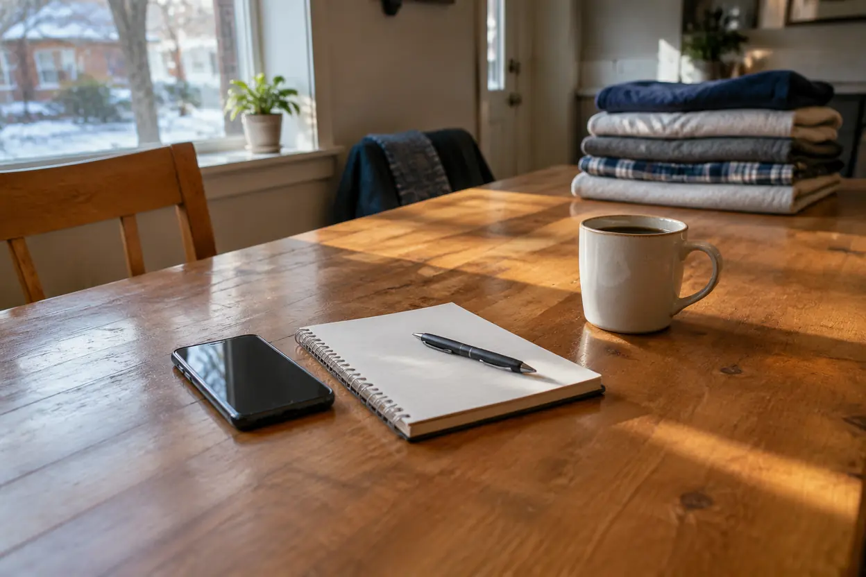 A smartphone, notepad, and pen ready for a terms question