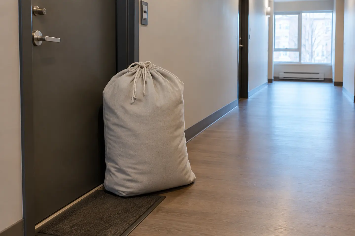 Reusable bag waiting at an apartment doorway for pickup