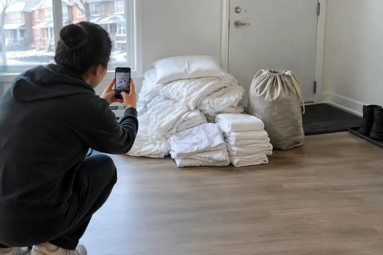 A labeled laundry pickup note prepared before a booking handoff
