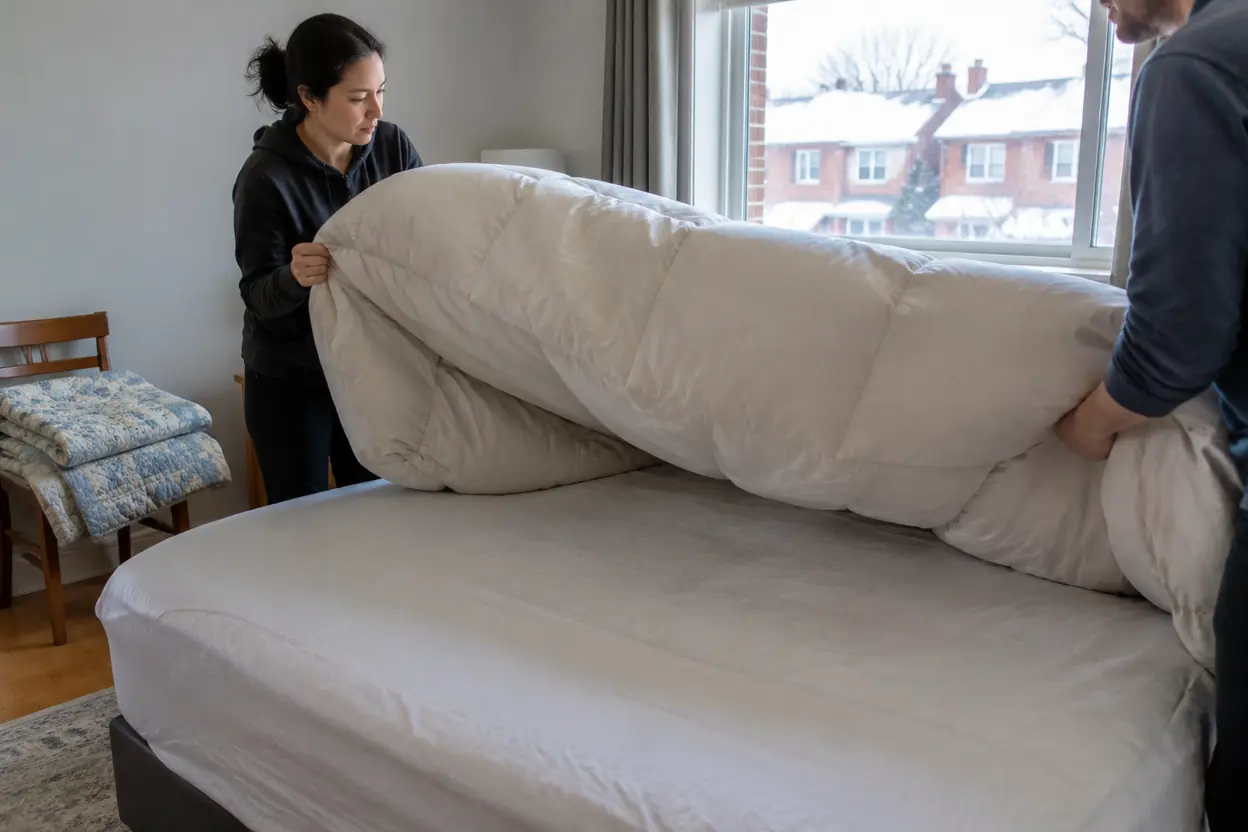 Seasonal bedding folded and stored for a changeover.