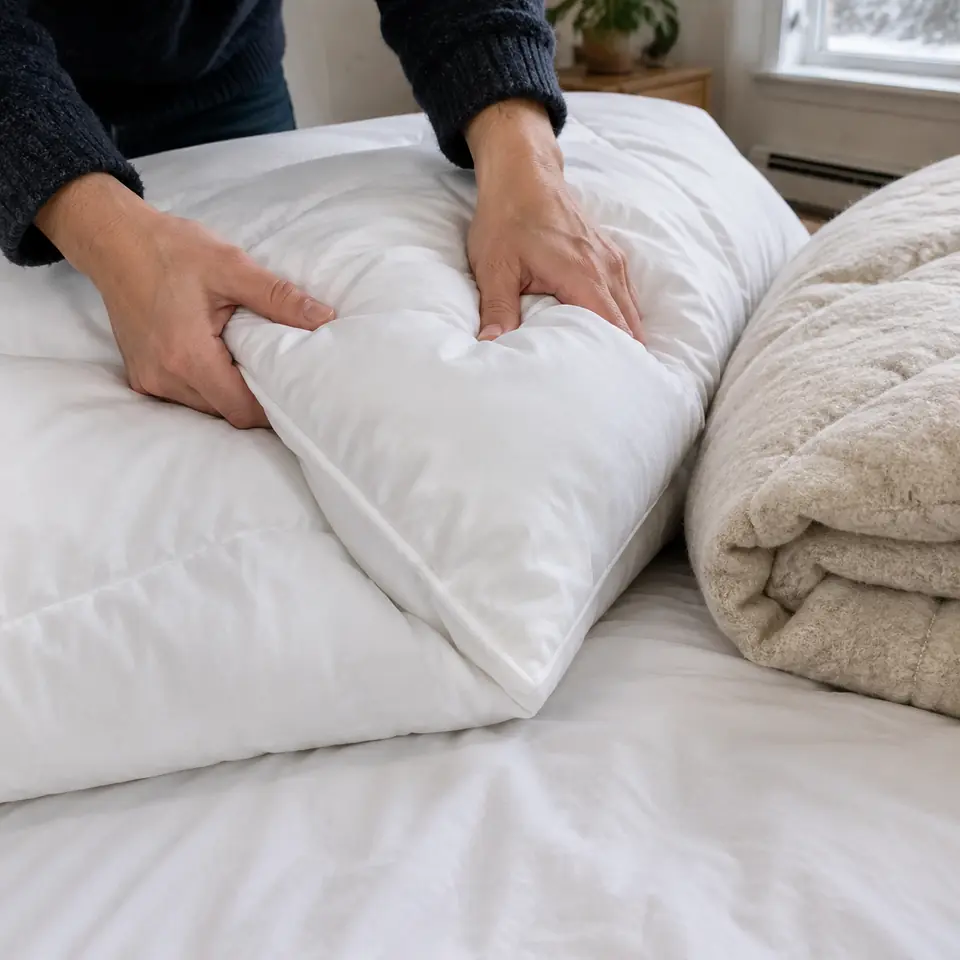 Close-up of a comforter fill being checked before wash.