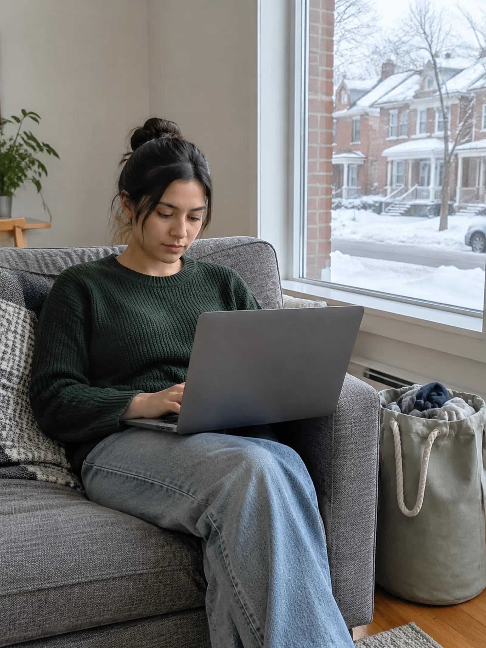 A person writing a message at a laptop by a bright window.