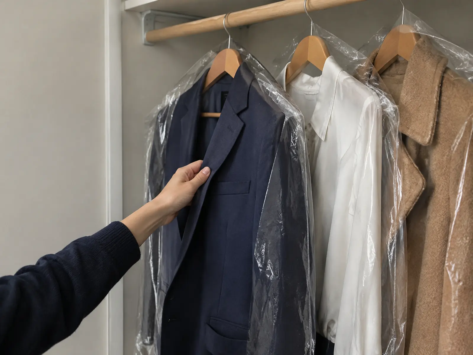 An open closet with coats and jackets on hangers.