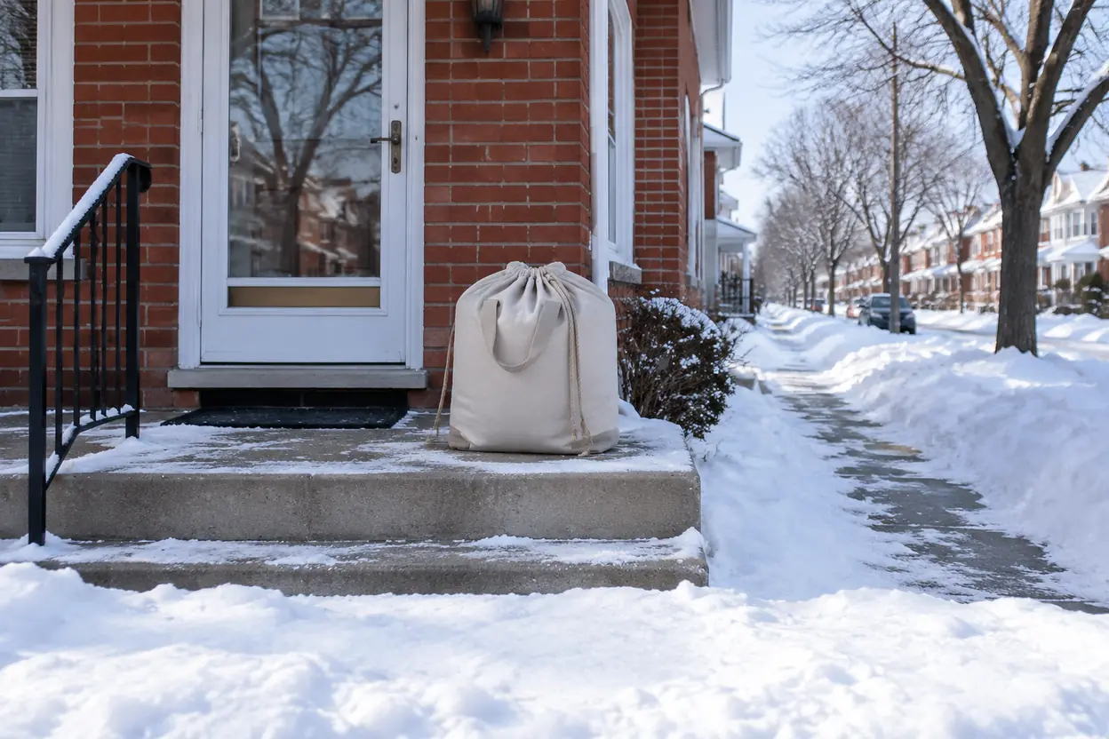 A sealed laundry bag waiting on an Ottawa porch step at pickup time.