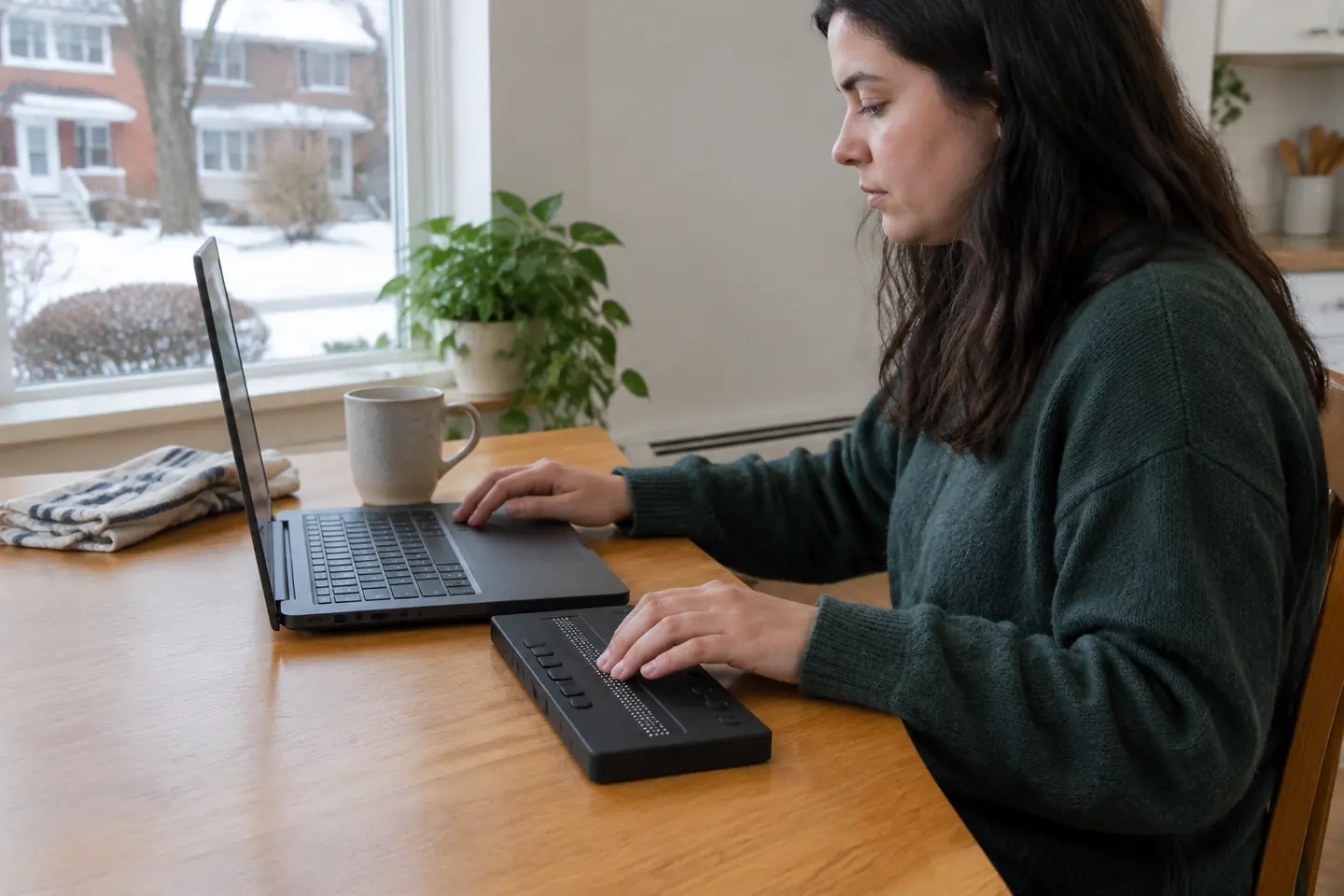 Hands using a keyboard while reviewing an accessible service page