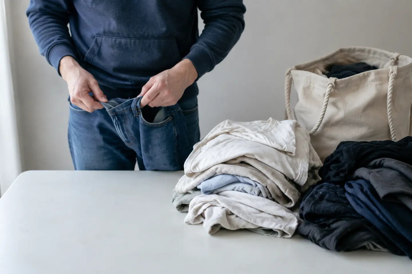 A canvas laundry bag beside a workroom washer before a handling review