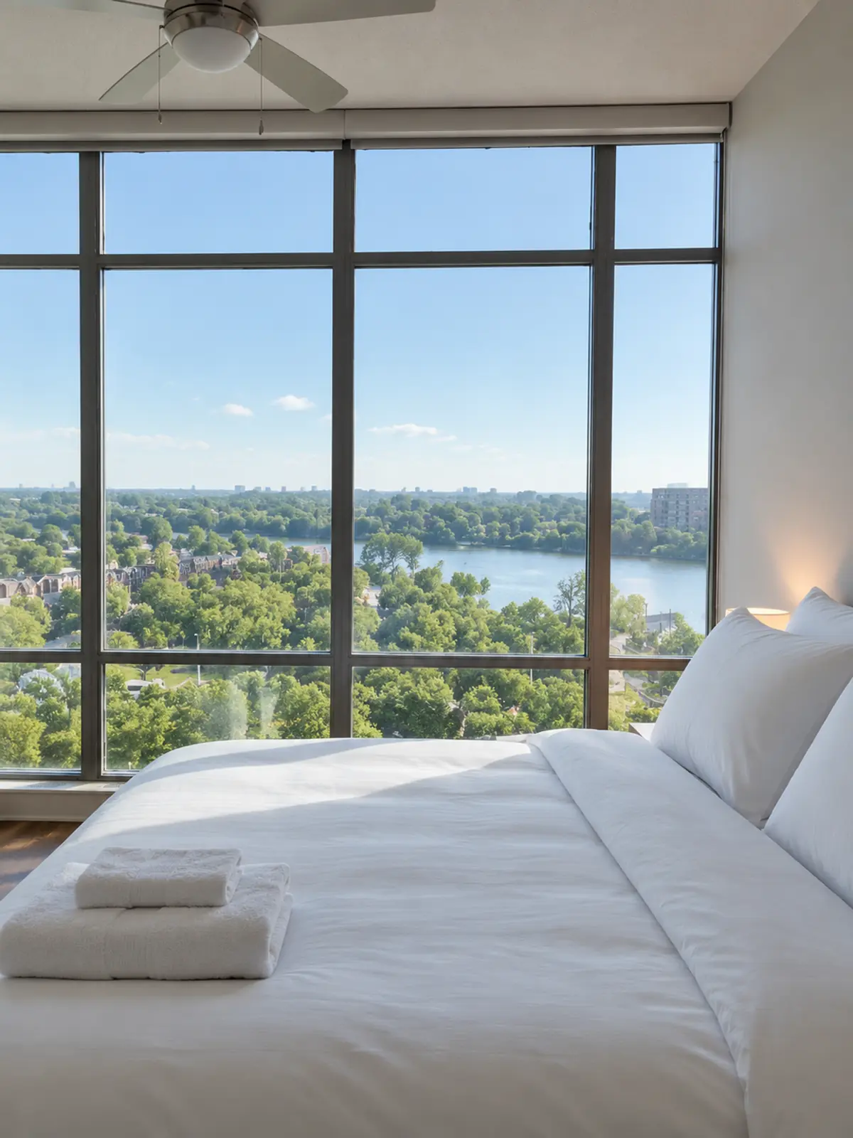 A bright, made bed with crisp white linens in a hospitality interior.
