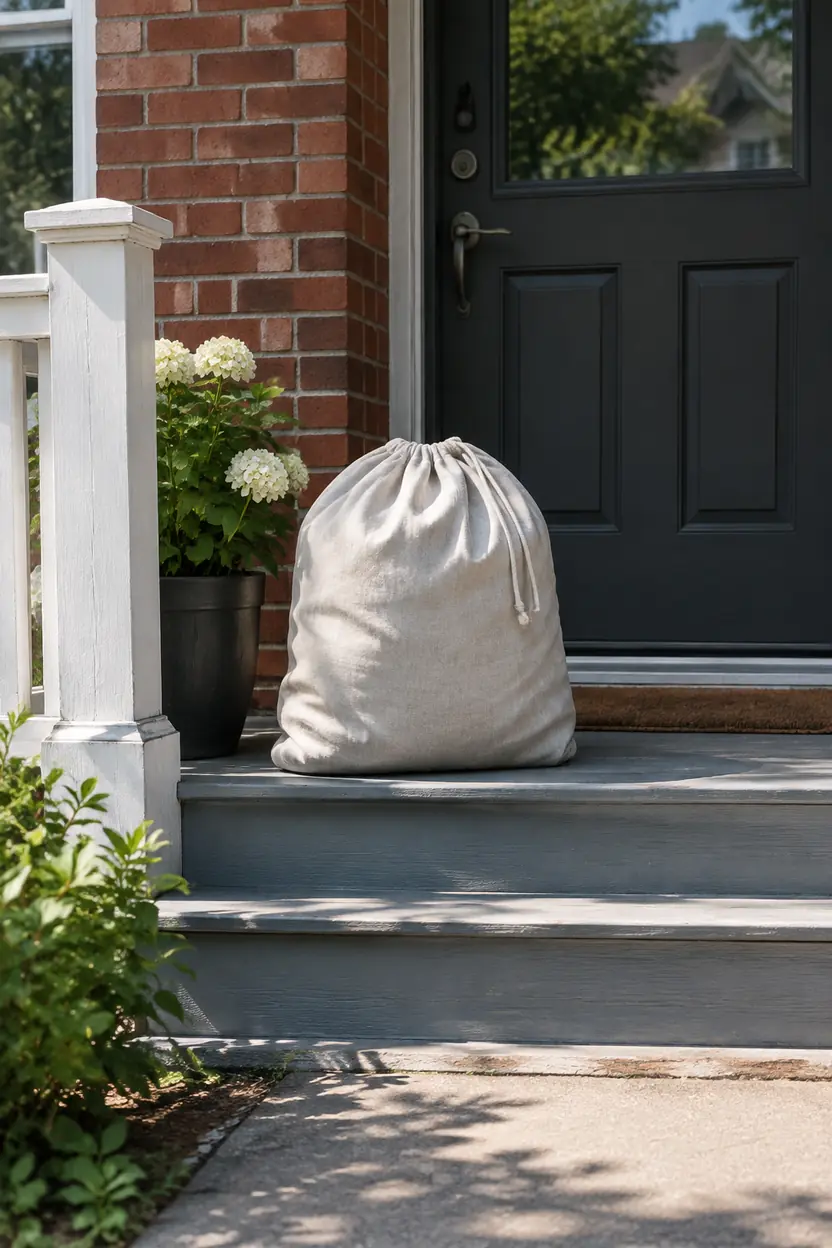 A sealed white laundry bag waiting at a sunlit porch step.
