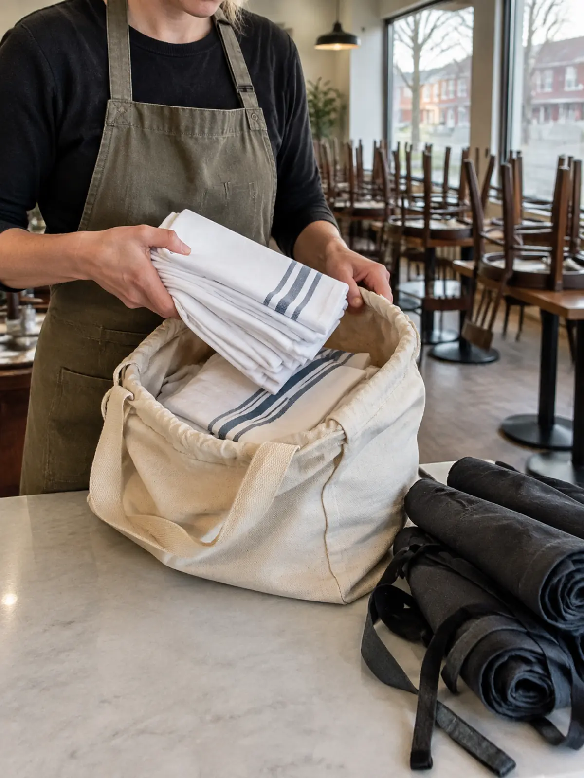 A small business owner inside a warm-lit cafe interior.