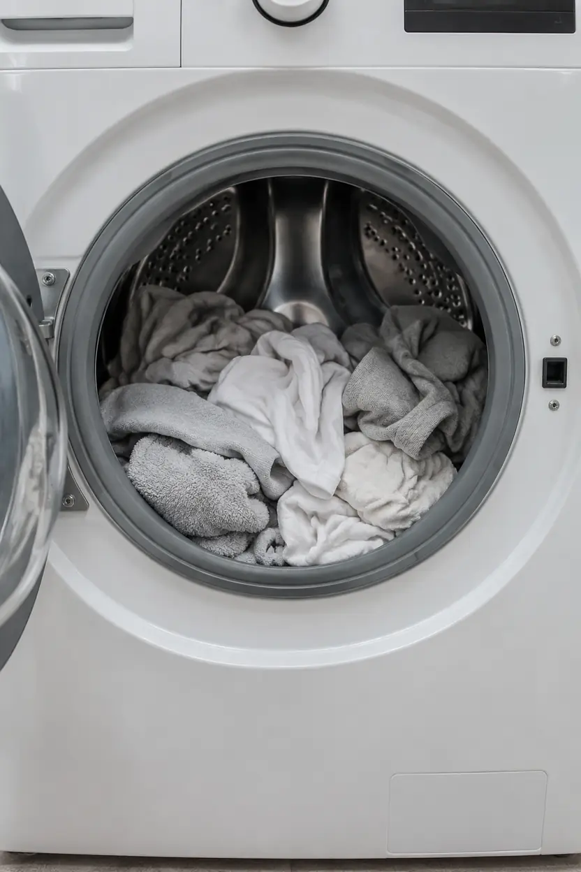 White textiles tumbling inside a clean front-load washer drum.