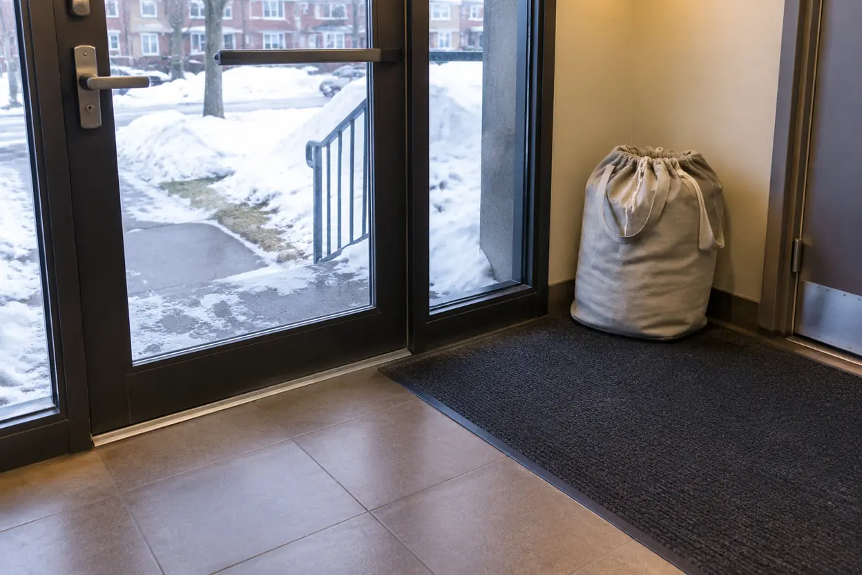 Laundryless laundry bag beside a written postal-code route note