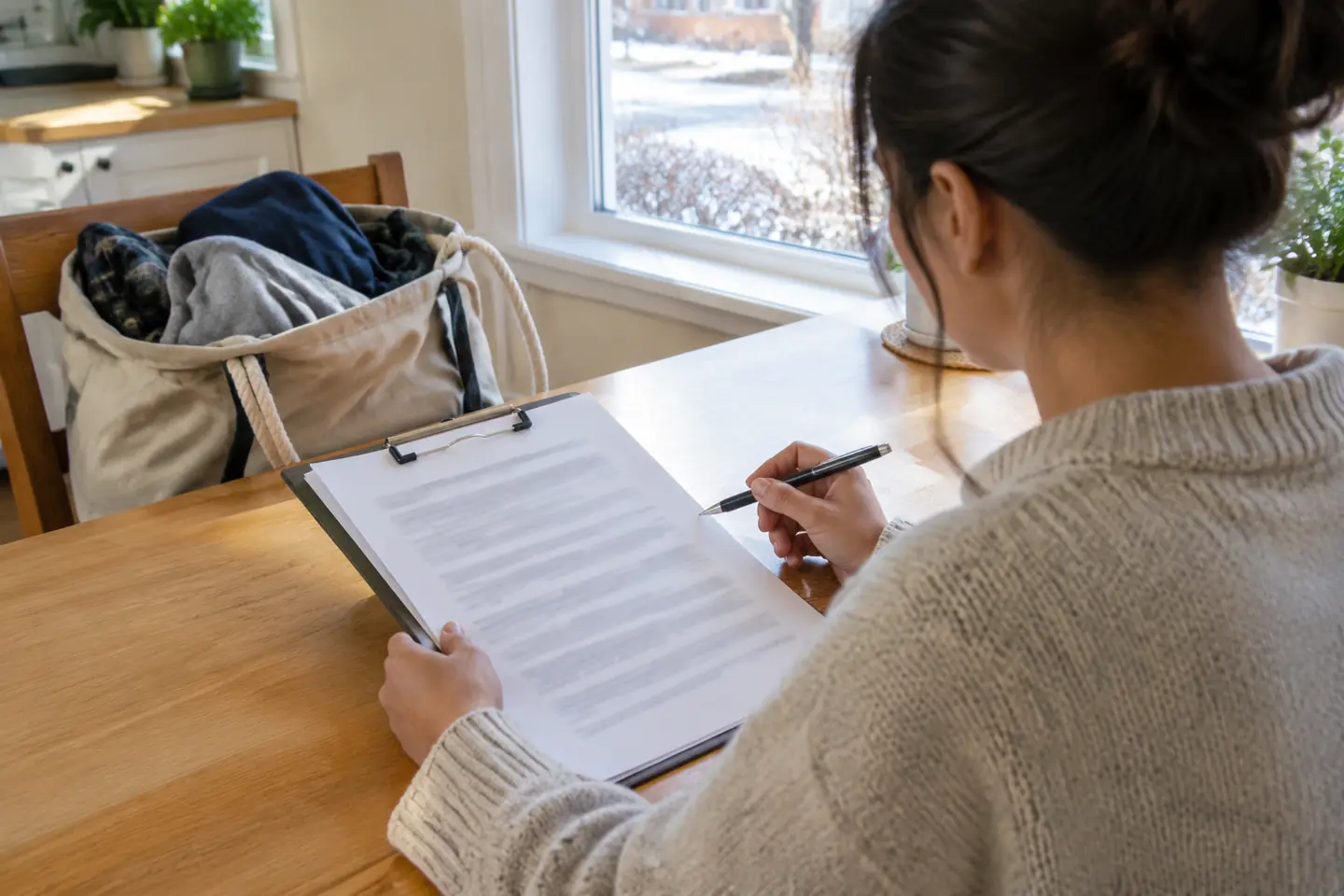 A person writing on a clipboard beside service agreement notes